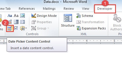 how to insert date word developer tools