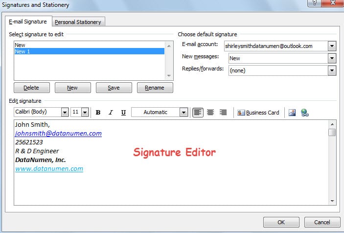 microsoft outlook 2014 change email signature