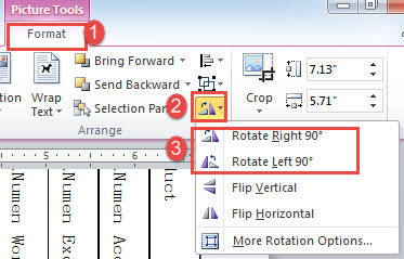 Click "Format"->Click "Rotate"->Choose rotation orientation