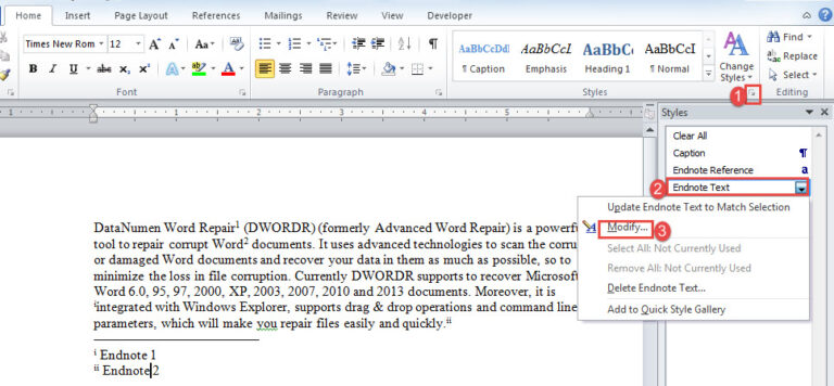 word footnote endnote field