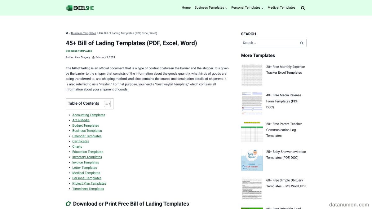 Best Excel Bill Of Lading Template Sites Free