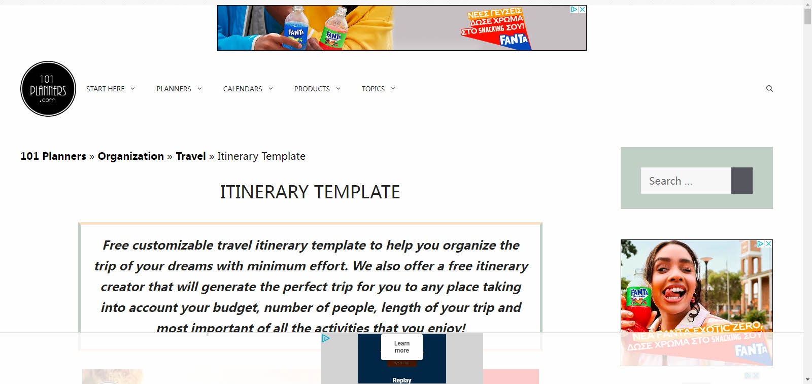 101 Planners Itinerary Template