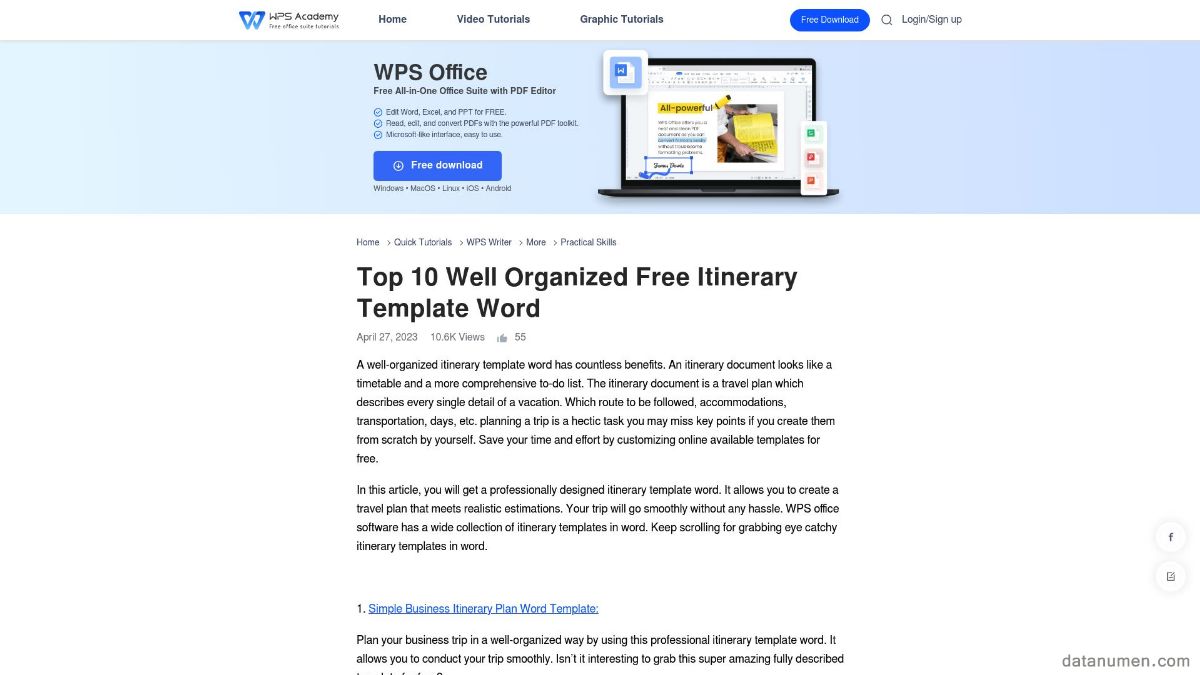 WPS Itinerary Template Word