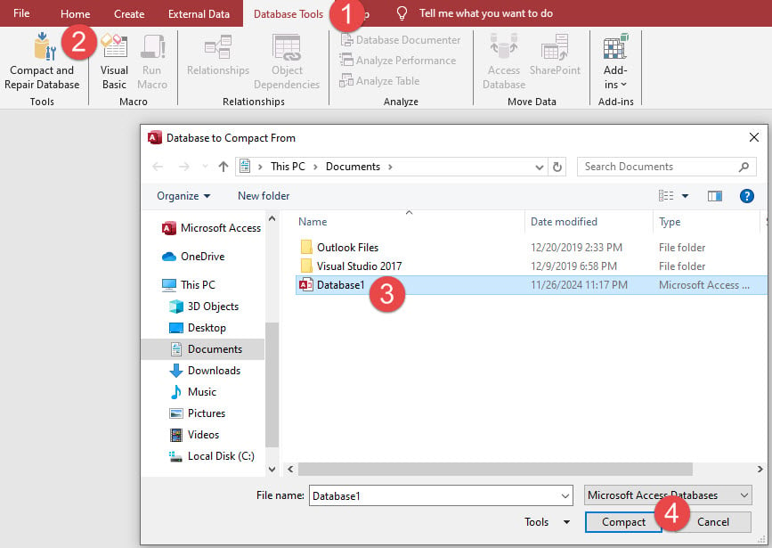 Use the built-in "Compact and Repair Database" tool in MS Access to compact and repair a database.