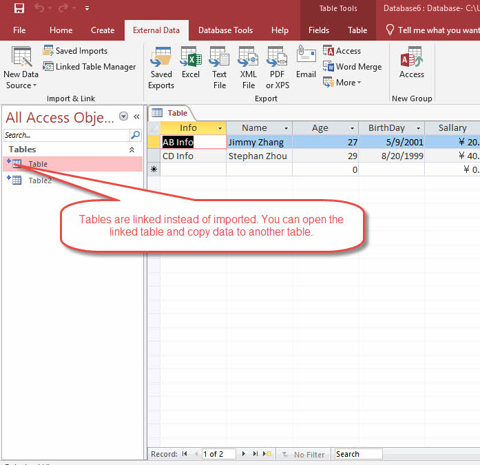 In MS Access, linked table (with blue arrow) allows manual recovery from a corrupt database.