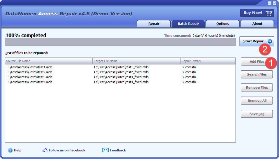 Use DataNumen Access Repair to fix a batch of damaged Access database files.