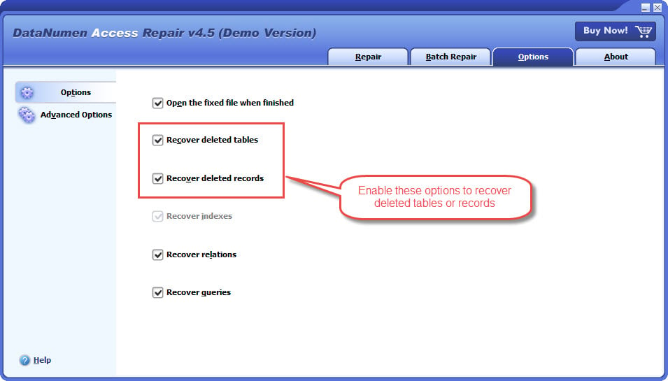 Use DataNumen Access Repair to undelete tables or records in Access database files.