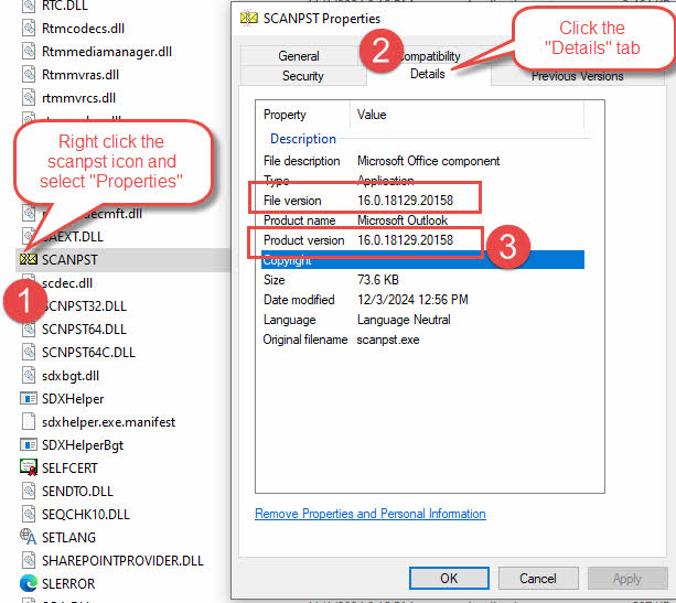 Get the version information from scanpst.exe