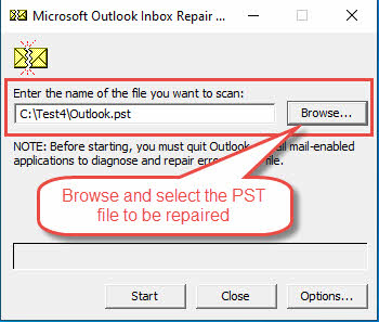 Scanpst.exe interface showing "Browse" button to select PST file to be repaired