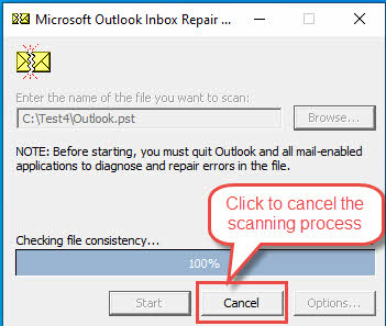 scanpst cancel scanning the PST file