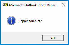 scanpst shows a repair complete message