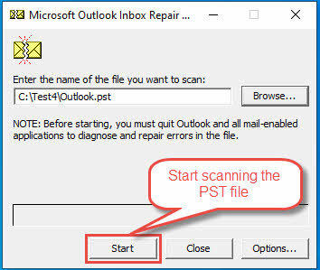 scanpst start scanning the PST file