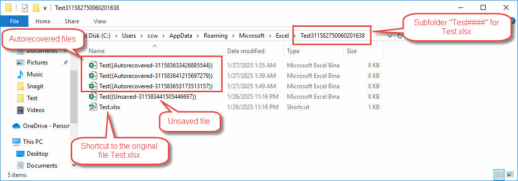 Contents in a AutoRecover subfolder Test#### for Test.xlsx file, including Autorecovered files, Unsaved files and shortcut to the original file Test.xlsx.