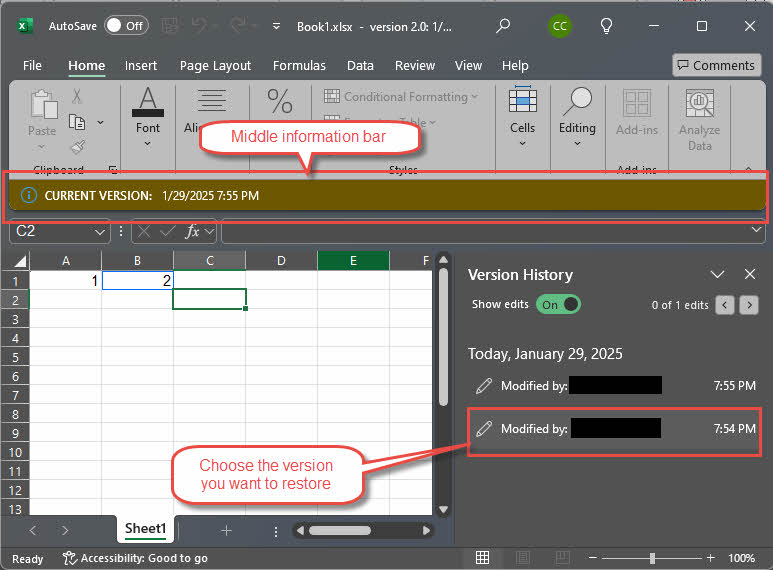 In Excel, click the version you want to restore in the right version history panel.