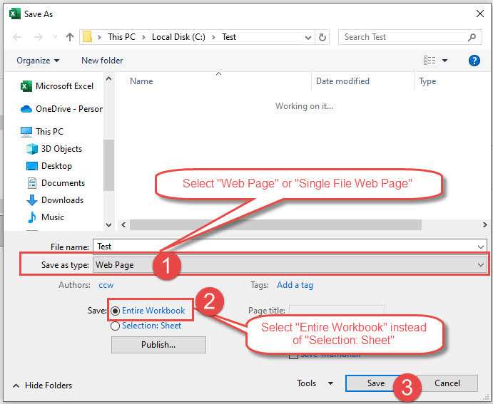 In Excel, convert the whole workbook to a web page (HTML format).