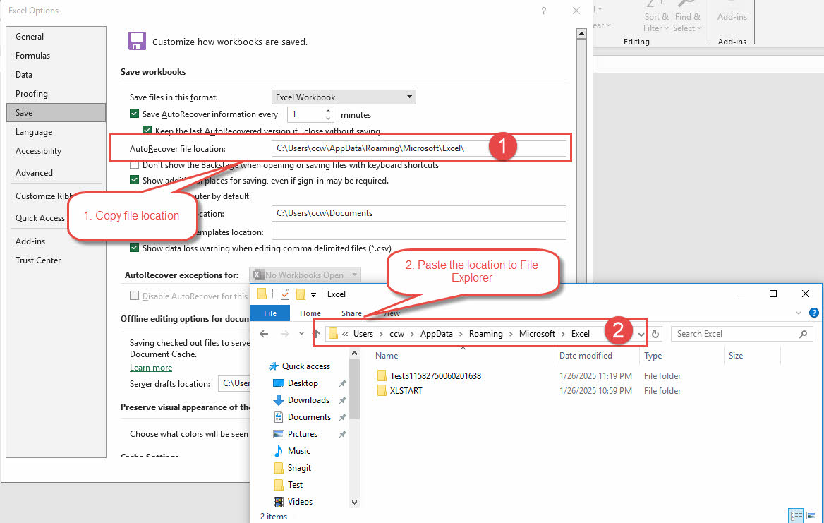 Copy the "AutoRecover file location" in Excel and paste it to the Windows File Explorer to open the AutoRecover file location manually and recover a newer or older unsaved version of your corrupt Excel file.