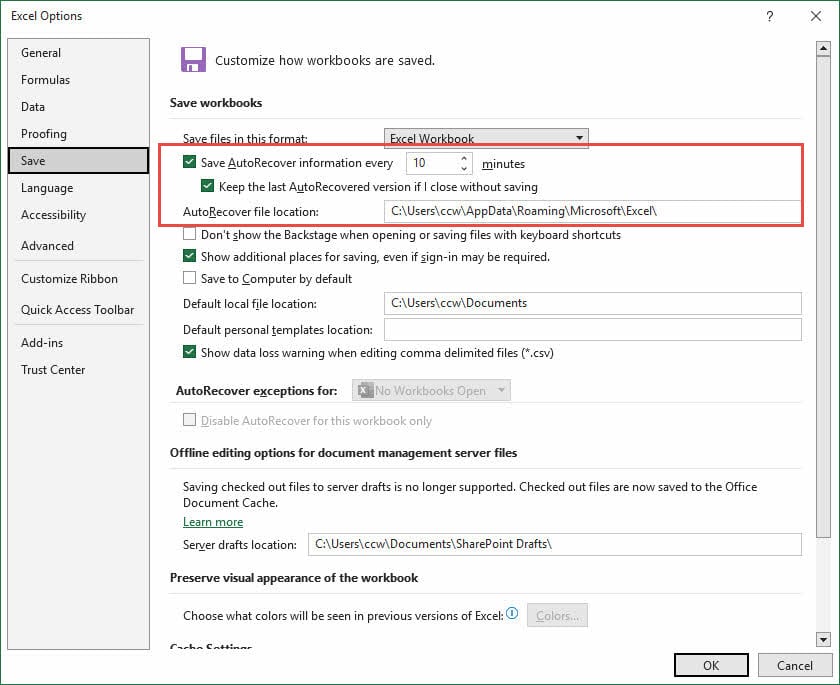 Set the options for the Excel AutoRecover feature, including enabling this feature, setting the time interval and file location.