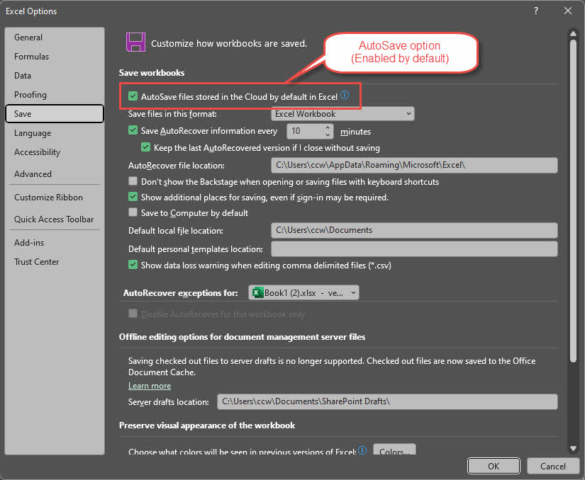 The "AutoSave files stored in the Cloud by default in Excel" option in Excel