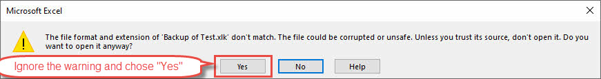 "The file format and extension of 'Backup of xxx.xlk' don't match" warning message.