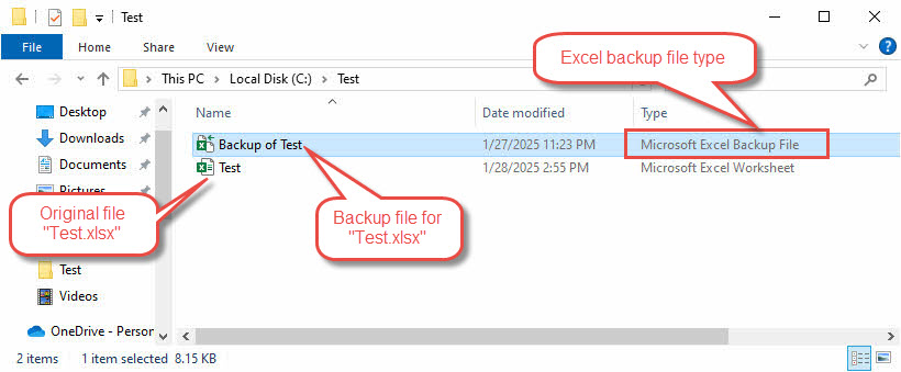 The original Excel file, together with the backup file created by Excel.