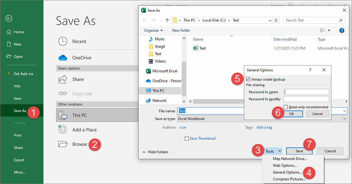 In Excel "Save As" dialog, enable the "Always create backup" option for the current file.