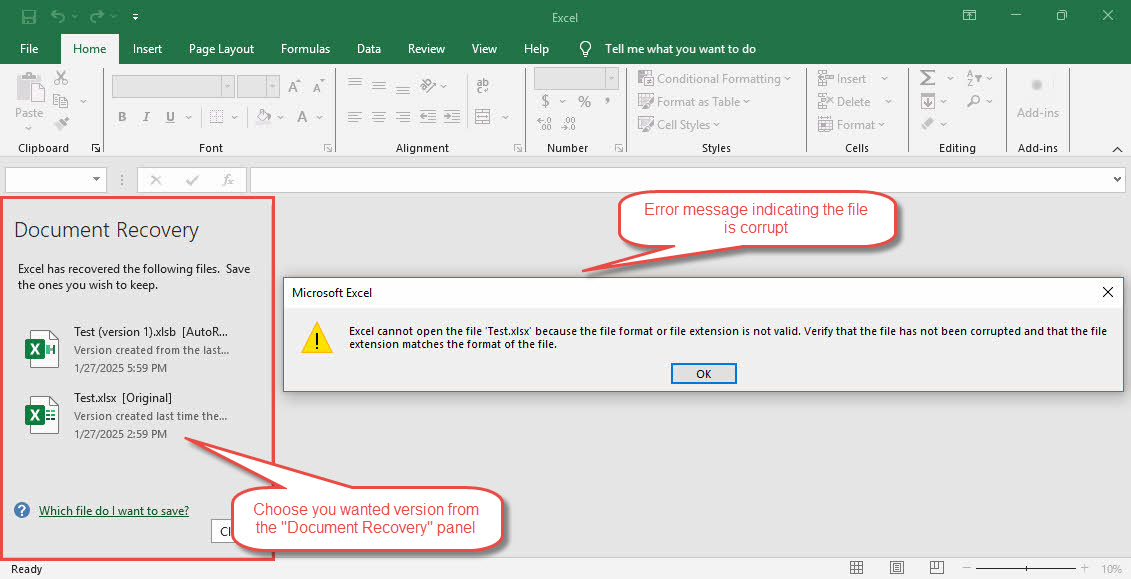 Choose the version of the file to be recovered from the Excel "Document Recovery" panel.