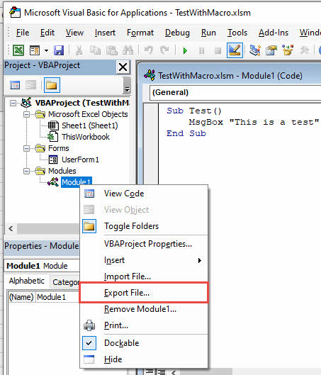 In Excel, export a VBA object to a file in the Visual Basic Editor.