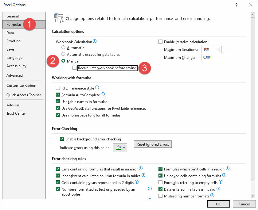 In Excel, set the Workbook Calculation mode to Manual and disable Recalculate workbook before saving.