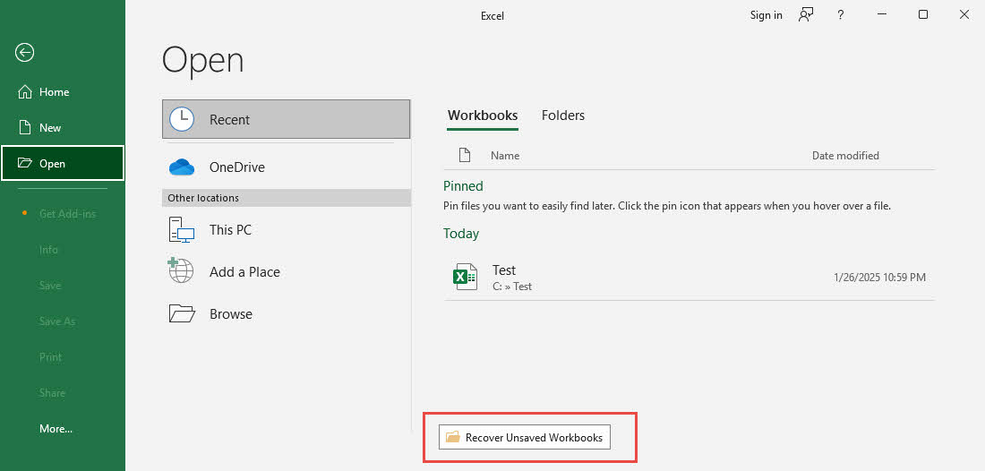 In Excel, use the "Recover Unsaved Workbooks" feature to recover a newer or older unsaved version of your corrupt Excel file.