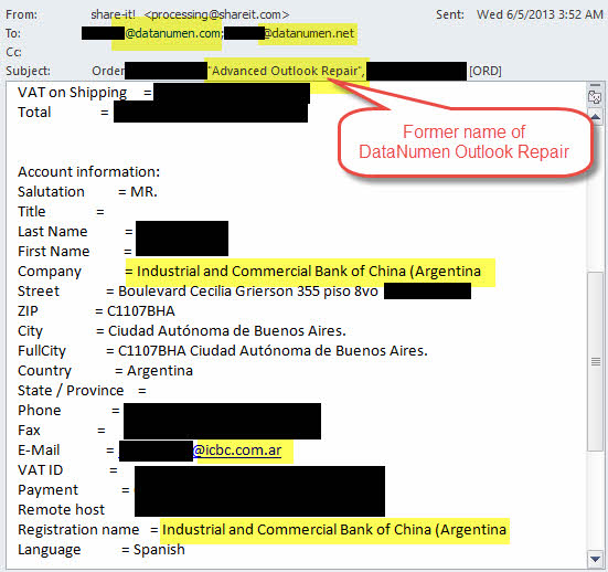 The screenshot of the ICBC Argentina order of Advanced Outlook Repair