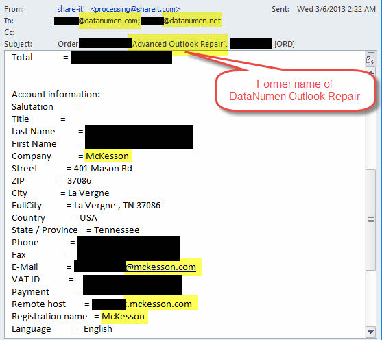 The screenshot of the Mckesson order of Advanced Outlook Repair