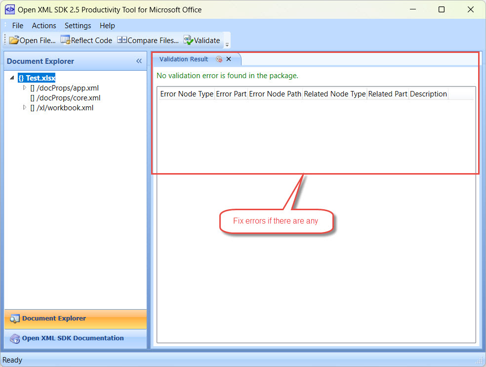 In Open XML SDK Productivity Tool for Microsoft Office, check the validation result and fix errors manually.