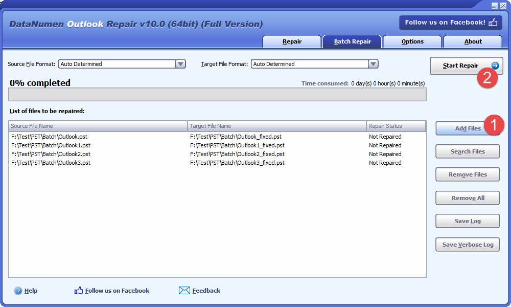 Use DataNumen Outlook Repair to repair a batch of corrupted Outlook PST files.