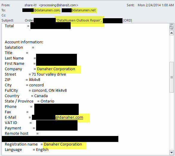 The screenshot of the Danaher order of DataNumen Outlook Repair