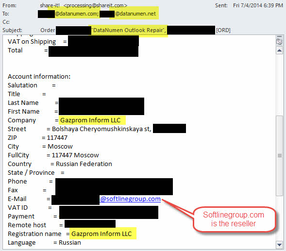 The screenshot of the Gazprom Inform  order of DataNumen Outlook Repair