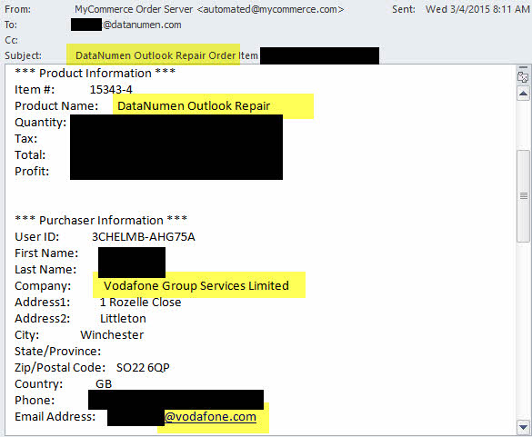 The screenshot of the Vodafone order of DataNumen Outlook Repair